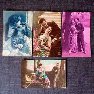 Lote 4 Postales Antiguas Parejas Beso Jardin 1920