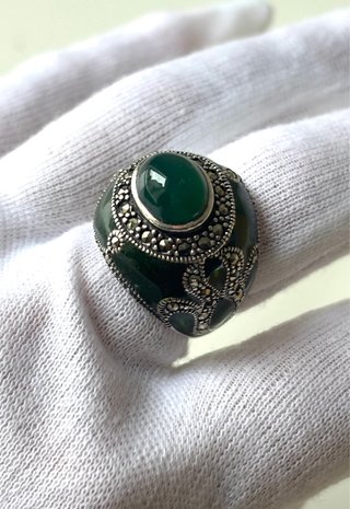 Anillo Plata Ágata Verde Marcasita