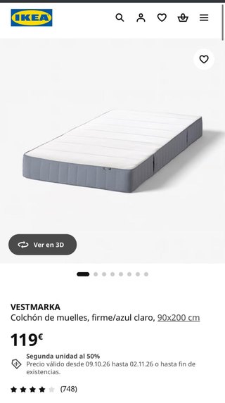 Colchón IKEA VESTMARKA 90x200 cm