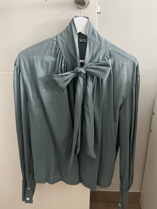 Camisa cuello lazo verde azulado talla única