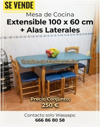 Mesa Cocina Extensible 100x60cm + sillas y taburet