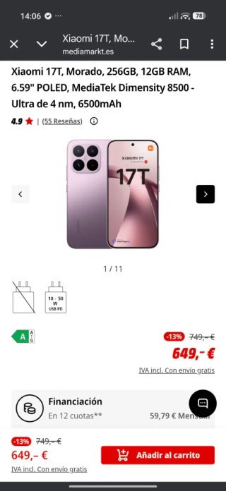 Xiaomi 17T 256GB 12GB RAM Morado