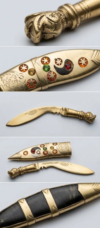 Abrecartas Kukri antiguo latón y gemas
