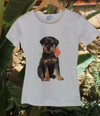 Camiseta Blanca Cachorro Rottweiler Talla S