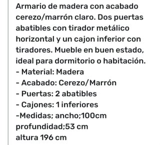 Armario madera cerezo 2 puertas 1 cajón