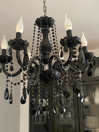 Lámpara araña negra con lágrimas de cristal
