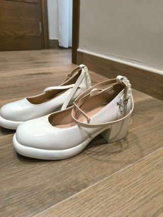 Zapatos Mary Jane Blancos Tacón Perlas
