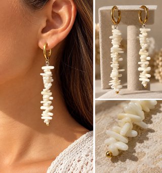 Pendientes largos boho dorados y blancos