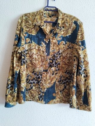 Camisa Vintage Estampada Azul y Dorada