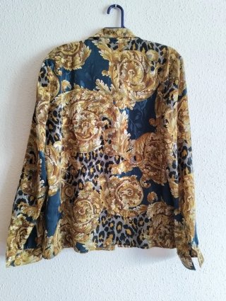 Camisa Vintage Estampada Azul y Dorada