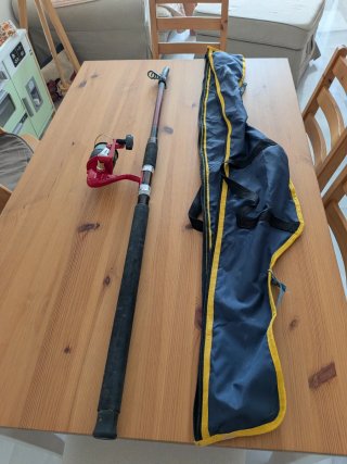Caña de pescar con carrete y funda