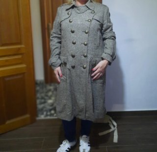 Abrigo largo mujer marron jaspeado, estilo militar