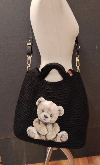 Borsa lana nera con orsetto applicato