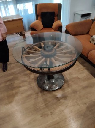 Mesa Rueda Carro Antigua Cristal Metal Madera