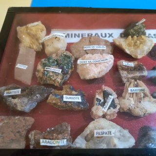 Collezione di minerali in teca
