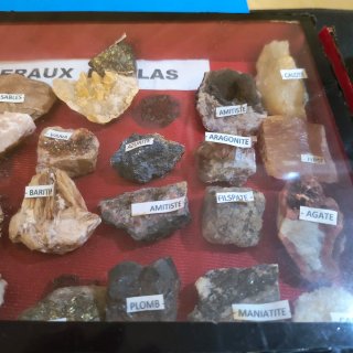 Collezione di minerali in teca