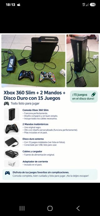 Xbox 360 Slim + 2 Mandos + Disco Duro con 15 Juego