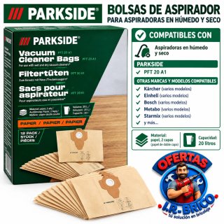 12 Bolsas Aspiradora Parkside 20L
