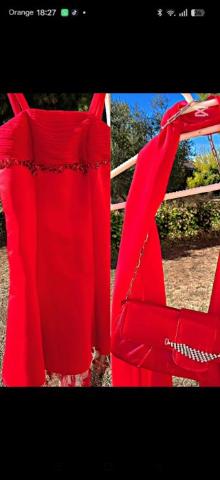Vestido fiesta + estola + bolso
