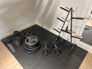 Set de Pesas, Mancuernas y Soporte