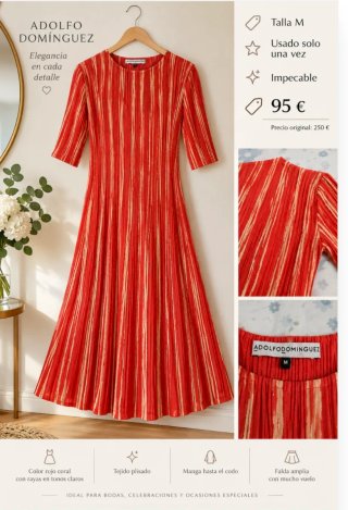 Vestido Adolfo Domínguez Plisado Rojo Talla M