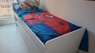 Cama, chelone, sofá, estantería y mueble TV