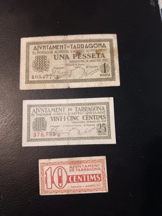 3 Billetes Ajuntament de Tarragona 1937
