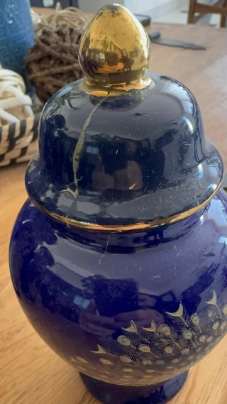 Juego 4 jarrones porcelana azul y oro