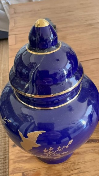 Juego 4 jarrones porcelana azul y oro