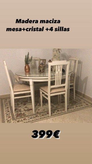 Mesa cristal + 4 sillas madera maciza