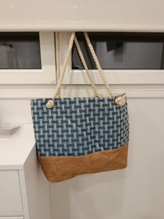 Bolsa playa/piscina vintage cuadros azul/marrón