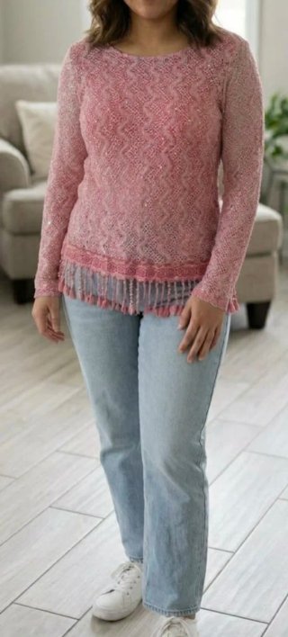 Maglia lunga donna rosa con frange