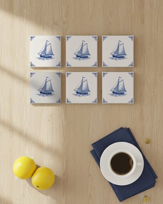 Pack 6 azulejos barco delft cerámica 10x10 cm