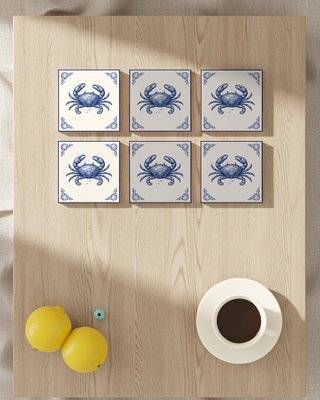 pack 6 azulejos cangrejo delft cerámica 10x10 cm