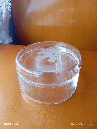 Caja de cristal y cinco figuras.