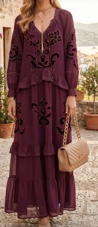 Vestido Bohemio con Bordados Terciopelo Talla L