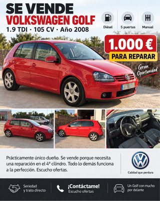 Volkswagen Golf 2008 averiado para poner motor