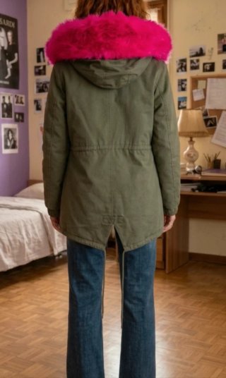 Parka Sorbino Verde con Pelliccia Fucsia