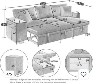 Sofá cama con chaise longue y puf