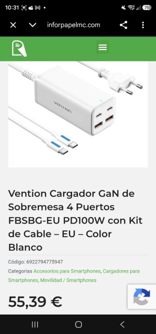 Cargador Vention GaN 100W 4 Puertos + Cable