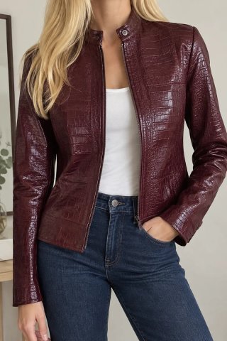 Chaqueta Simorra Piel Burdeos efecto Cocodrilo
