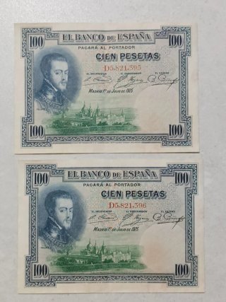 Billetes correlativos de 100 ptas. 1925. Felipe II