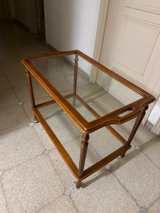 Carrito camarera vintage madera y cristal, ruedas