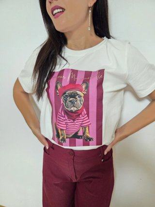 Camiseta Blanca Estampado Bulldog t. única 36-42