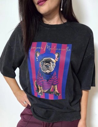Camiseta Negra Bulldog Estampada 36 a 44 oversice
