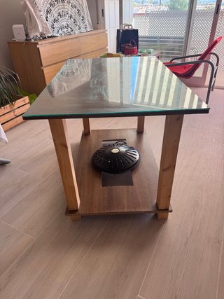 Mesa de centro madera y cristal con brasero