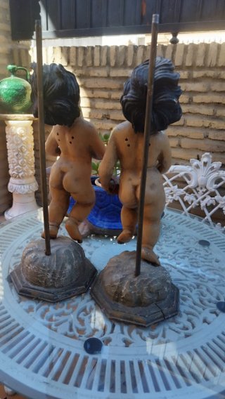 Pareja ángeles madera policromada antiguos