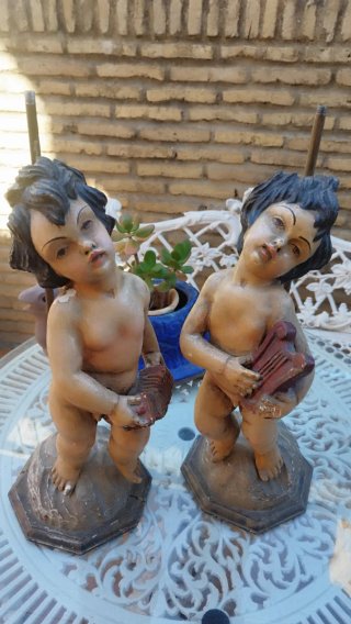 Pareja ángeles madera policromada antiguos