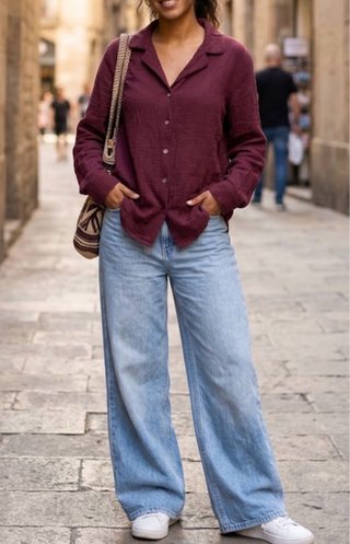 Camisa de Muselina de Algodón Burdeos