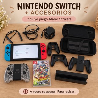 Nintendo Switch con accesorios y Mario Strikers